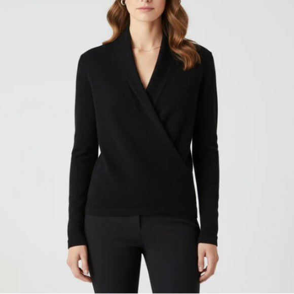 Nordstrom Signature Women’s Black Cashmere Faux Wrap V-Neck Sweater Large - Picture 1 of 10